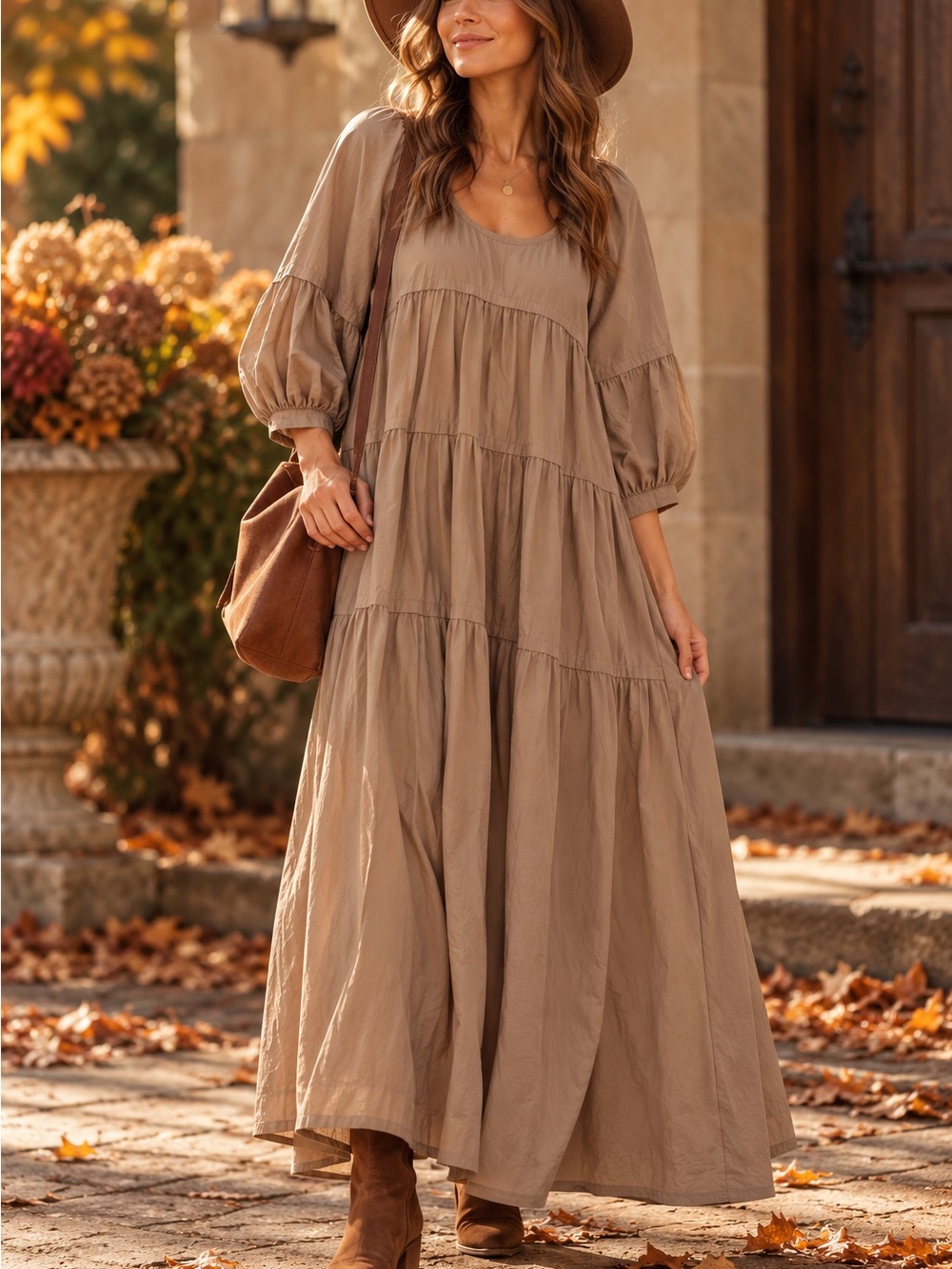 Free People Taupe Tiered Maxi Dress Puff Sleeve Boho Size XS/S